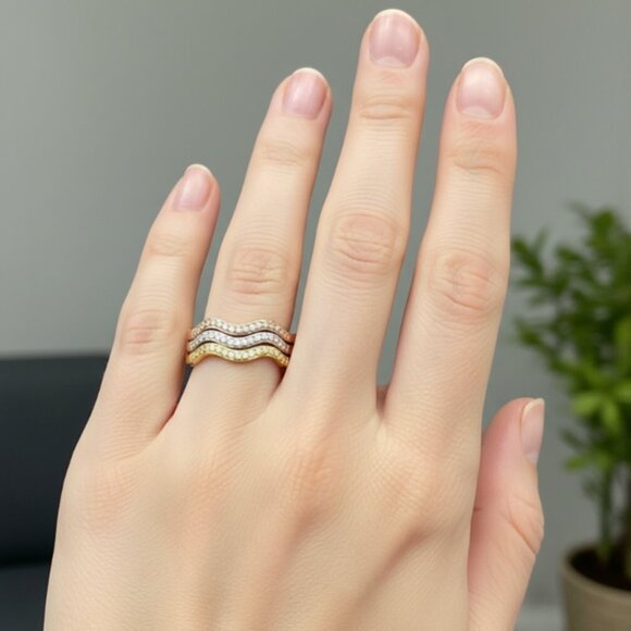 Elegant Gold, Rose Gold and Silver Mixed Metal Wave Ring Set - Picture 5 of 6
